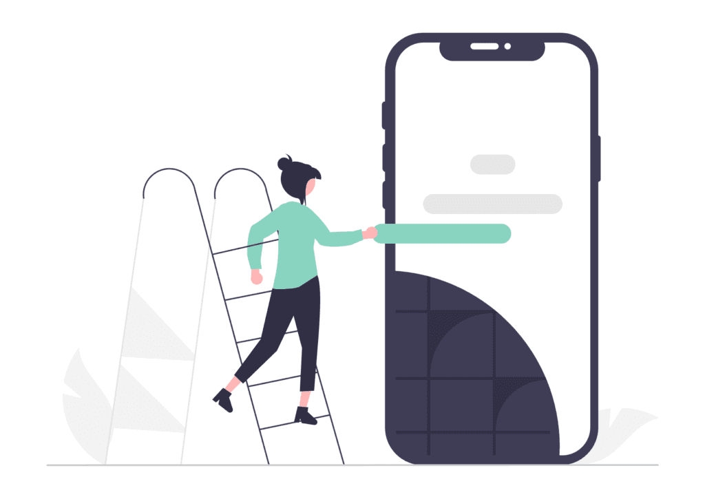 Person steht auf einer Leiter und passt einen Balken auf einem übergroßen Smartphone-Display an, responsives Design ist heute ein Muss