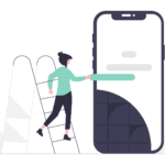 Person steht auf einer Leiter und passt einen Balken auf einem übergroßen Smartphone-Display an, responsives Design ist heute ein Muss