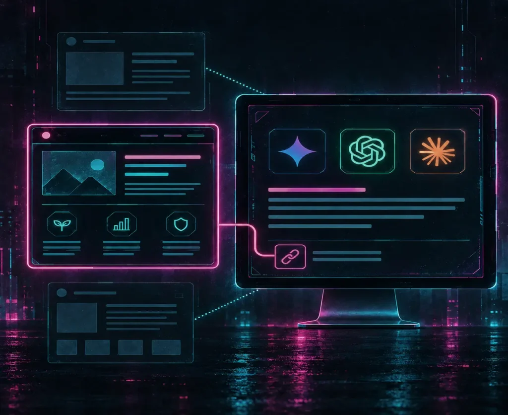 Eine Illustration zeigt, dass eine Website in den KI-Suchergebnissen beispielsweise in ChatGPT oder Gemini erscheint.